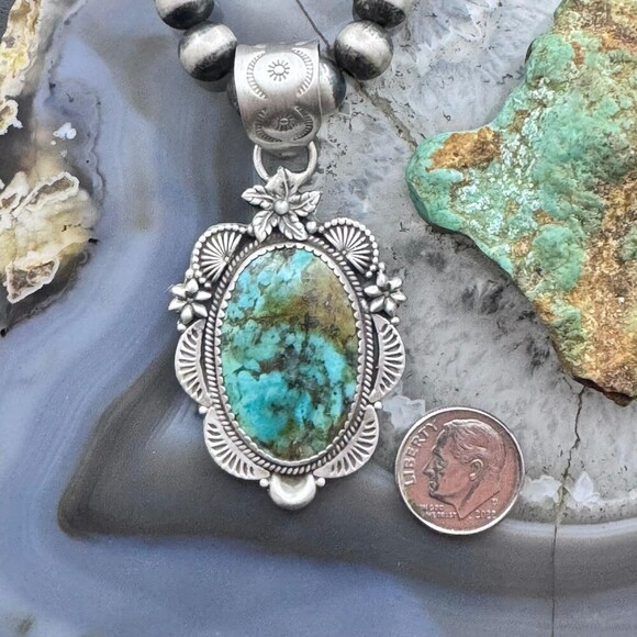 Sterling Silver Southwestern Style Oval Turquoise Decorated Pendant For Women - Picture 8 of 10